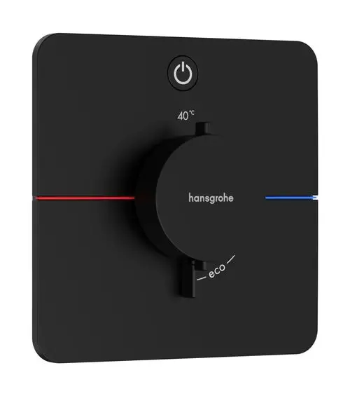 Schwarzer Thermostat von Hansgrohe mit Drehknopf zur Temperaturregelung und Eco-Funktion, integriert in eine quadratische Wandoberfläche.